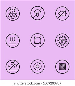 Garments fabric technology and properties vector icon set. Moisture Wicking, Anti Fungal, Anti Bacterial, Ion Emissions, Allergy Aware 