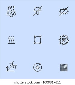 Garments fabric technology and properties vector icon set. Moisture Wicking, Anti Fungal, Anti Bacterial, Ion Emissions, Allergy Aware 