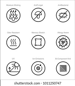 Bekleidet Stofftechnologie und Eigenschaften Vektorsymbol-Set. Feuchtigkeitswischung, Pilzschutz, Bakterienschutz, Ionenemissionen, Allergieware 