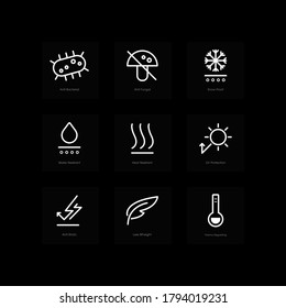 Garments fabric vector icons outline symbol set white on black - Anti Bacterial Anti Fungal, Snow Proof, Water Resistant, Heat Resistant, UV Protection, Anti Static, Less Weight, Thermo Regulating