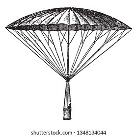 Garnerin Parachute Decending with the help of a parachute, vintage line drawing or engraving illustration.