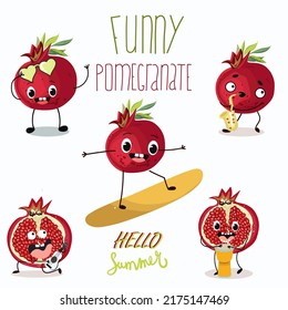 Garnet fruits are cute funny characters with different poses and emotions, musical instruments. A collection of products for detoxification of natural antioxidant vitamins. Children concept. 