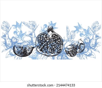 Garnet. Rama de ilustración vectorial dibujada a mano de grano, hoja y grano. Semillas aisladas, granate de frutas.