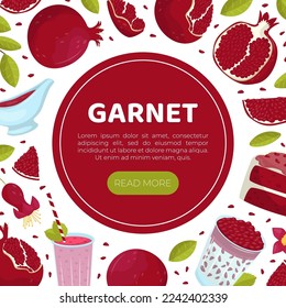 Garnet landing page template with space for text. Organic fresh juicy pomegranate fruit web banner, website cartoon vector
