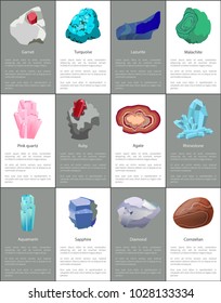 Garnet lazurite diamond aquamarine ruby malachite agate sapphire carnelian rhinestone garnet turquoise precious gemstones set vector crystals minerals