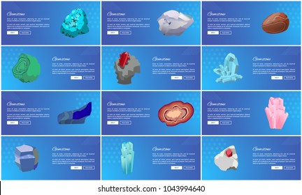 Garnet lazurite diamond aquamarine ruby malachite agate sapphire carnelian rhinestone garnet turquoise precious gemstones set vector web landing pages