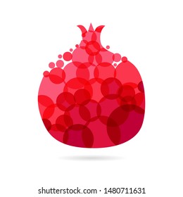 Garnet logotype concept. Round red coloured pome granate logo idea with bubbles on white background. Isolated abstract graphic design template. Branding identity bright element with transparent effect