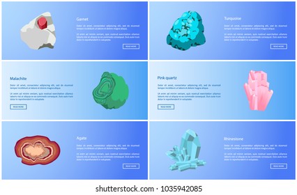 Garnet and malachite, agate and rhinestone, turquoise and pink quartz minerals, crystal system vector web online pages design push buttons read more