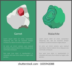 Garnet and malachite hydroxide minerals, red and green crystals posters set, malachite and garnet vector precious gemstones isolated banners with text