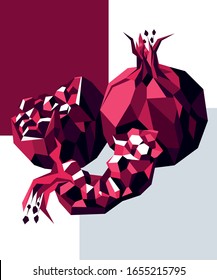 Garnet polygonal. Pomegranates on a background of gray and maroon rectangles. Low poly style.
