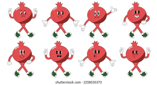 Garnet, pomegranate cartoon groovy stickers with funny comic characters, gloved hands. Modern illustration with legs and arms.