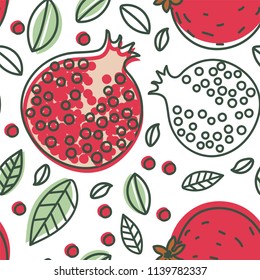 Garnet seamless pattern. Hand drawn fresh pomegranate. Vector sketch background. Doodle wallpaper. Exotic tropical fruit. Red print