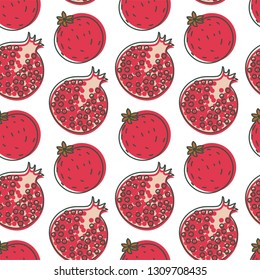 Garnet seamless pattern. Hand drawn fresh pomegranate. Vector sketch background. Color doodle wallpaper. Exotic tropical fruit. Red print