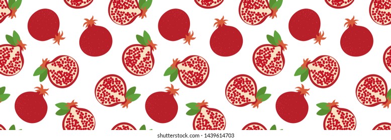 Garnet seamless pattern. Hand drawn fresh pomegranate. Vector sketch background. Color doodle wallpaper. Exotic tropical fruit. Fashion design. Food print for kitchen tablecloth, curtain or dishcloth