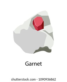 Garnet silicate mineral in reddish hidden in stone vector illustration isolated on white background. Precious gem rock red color, form of crystal