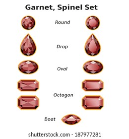 Garnet, Spinel Set different cut - round, drop, oval, boat and octagon. Brilliant three-dimensional jewelry on a white background. Isolated Objects. Used free font Amble (taken www.fontsquirrel.com)