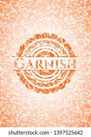 Garnish orange tile background illustration. Square geometric mosaic seamless pattern with emblem inside.