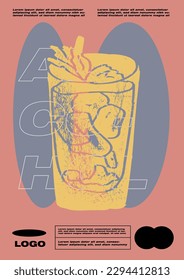 Garnished alcoholic beverage graphic print. Minimalist contemporary vertical print. Vector illustration. Mojito, Aperol Spritz and Pina Colada Cocktail recipe with ingredient.
