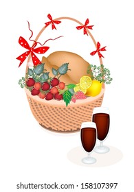 Garnished Roasted Turkey with Berry Fruit, Lemon, Herb and Wine on A Beautiful Wicker Basket for Thanksgiving Holiday Dinner. 