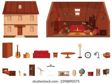 Garret icons set cartoon vector. Attic loft house. Home room wood