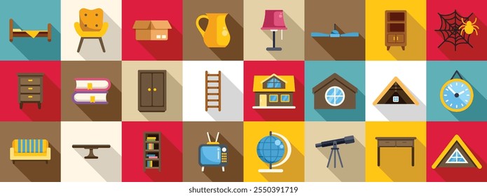 Garret icons set. Colorful icons representing various aspects of home furniture, decor, and appliances, creating a visual concept of comfortable living