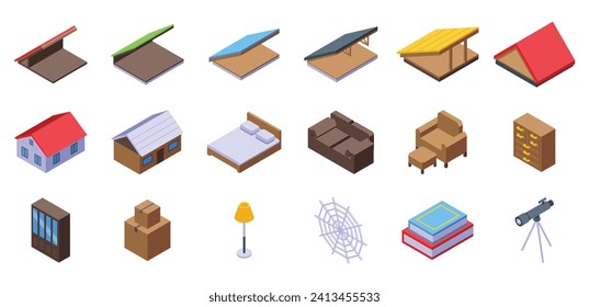 Garret icons set isometric vector. Attic loft. House room mansard