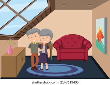 Garret room scene with an old couple cartoon character illustration