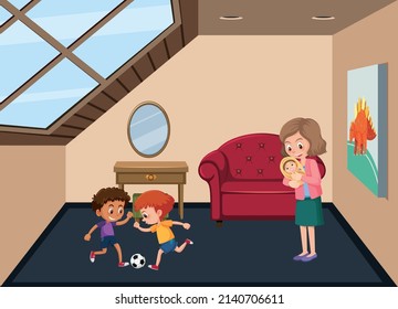 Garret room scene with a woman and her children illustration