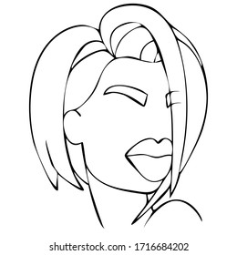 Garson with long swoop bangs. Isolated black and white vector illustration. Option 014.