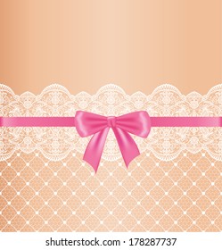 Garter of bride. Template for wedding, invitation or greeting card with lace background and pink ribbon