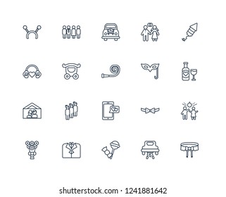 Garter, Just married, Sweet, Suit, Bouquet, birthday rocket, Eye mask, love Smartphone, Newlyweds, wedding Carriage, Wedding car outline vector icons from 20 set