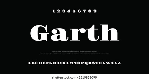 GarthTrendy display typeface bold serif. Modern vintage alphabet collection. Uppercase, lowercase, stylish alternate typography. Vector illustration