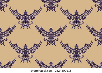 Garuda is an animal in Thai beliefs. Designed with Thai patterns as illustrations. Seamless bold navy colored in damask style motifs suitable for decoration wallpaper, curtain, cloth, tiles and fabric