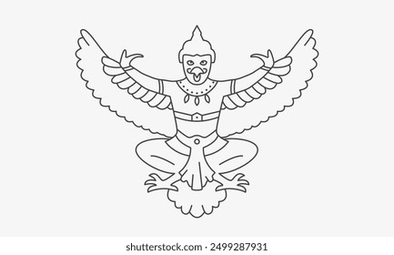 The garuda eagle bird. King of Garuda Krut lord. Black white line illustration. Vector