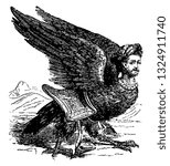 Garuda a fabulous bird represented with head of handsome young man with a white collar and eagle body, vintage engraved line art illustration. Infernal Dictionary 1863.