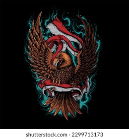 garuda and flag on fire background