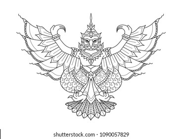 Garuda the half human half bird, animal in Thai literature for design element,printed tee and coloring book page. Vector illustration