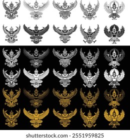 Garuda Bild, Symbol Thai Regierung Dokumente gesetzt.
Set Thai Garuda Logos schwarz, weiß und gold auf schwarz-weißem Hintergrund. Thailand Garuda dekorative Logos einzelne Vektorgrafiken Sammlung.