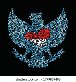 Garuda Indonesia silhoutte.Love symbol and ornaments in vector illustration