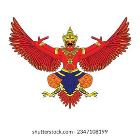 Garuda legendary creature with half human and bird- Vishnu god carrier in Hindu drawing in colorful cartoon vector