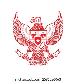 Garuda Pancasila Indonesia National Symbol Vector Red Outline Isolated on White
