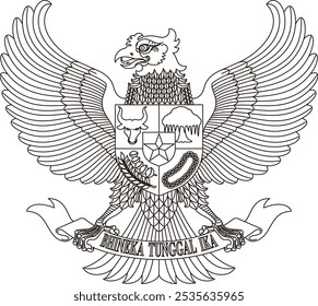 Garuda Pancasila line Art, Indonesia's national emblem in EPS format. Symbolizes unity, strength, and the Pancasila values: belief, humanity, unity, democracy, and social justice.