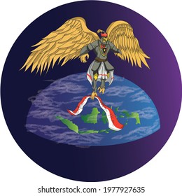 Garuda Pancasila warrior from Indonesia who carry a red and white flag with the inscription Bhinneka Tunggal Ika which means different but still one