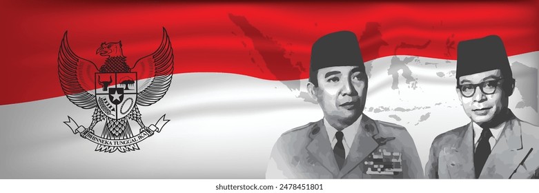 Garuda and Symbols of Pancasila illustration. 
Figures of the proclamation, Soekarno and Hatta. 
Background geometric style for the Independence Day of the Republic of Indonesia.