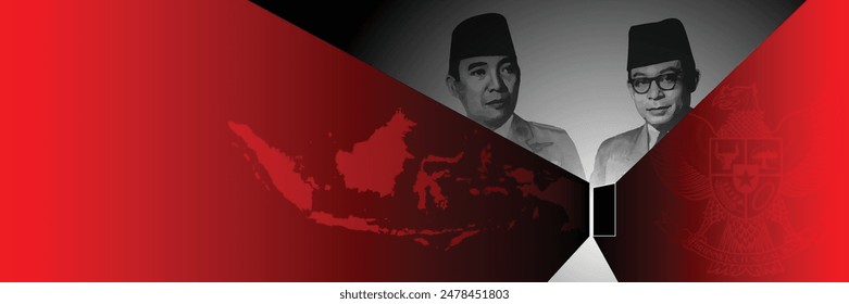 Garuda und Symbole der Pancasila Illustration. 
Figuren der Proklamation, Soekarno und Hatta. 
Geometrischer Stil für den Unabhängigkeitstag der Republik Indonesien.