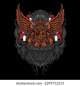 Garuda vector with Indonesian flag engraving ornament