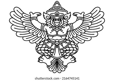 Garuda. Vector line art illustration. Garuda is a Hindu demigod and divine creature mentioned in the Hindu, Buddhist and Jain faiths.