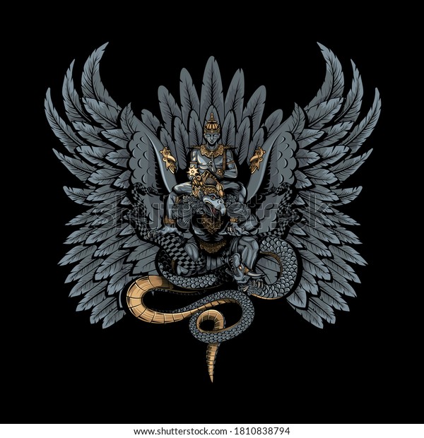 Garuda and Vishnu\
balinese art style. the HIndu god Vishnu is the second god in the\
Hindu triumvirate  the protector and the balance keeper of the good\
and evil in the universe.\
