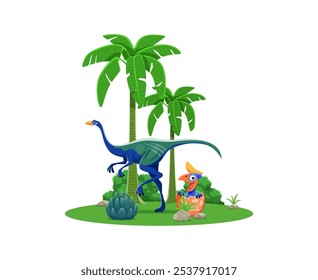 Garudimimus cartoon prehistoric dinosaur character and baby reptile hatching from the eggshell. Isolated vector ancient herbivore animal in natural Upper cretaceous era environment with palm trees