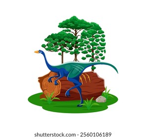 Garudimimus prehistoric dinosaur character. Isolated cartoon vector ancient omnivore reptile animal of Late cretaceous era at lush natural environment landscape with fallen log, green field and tree